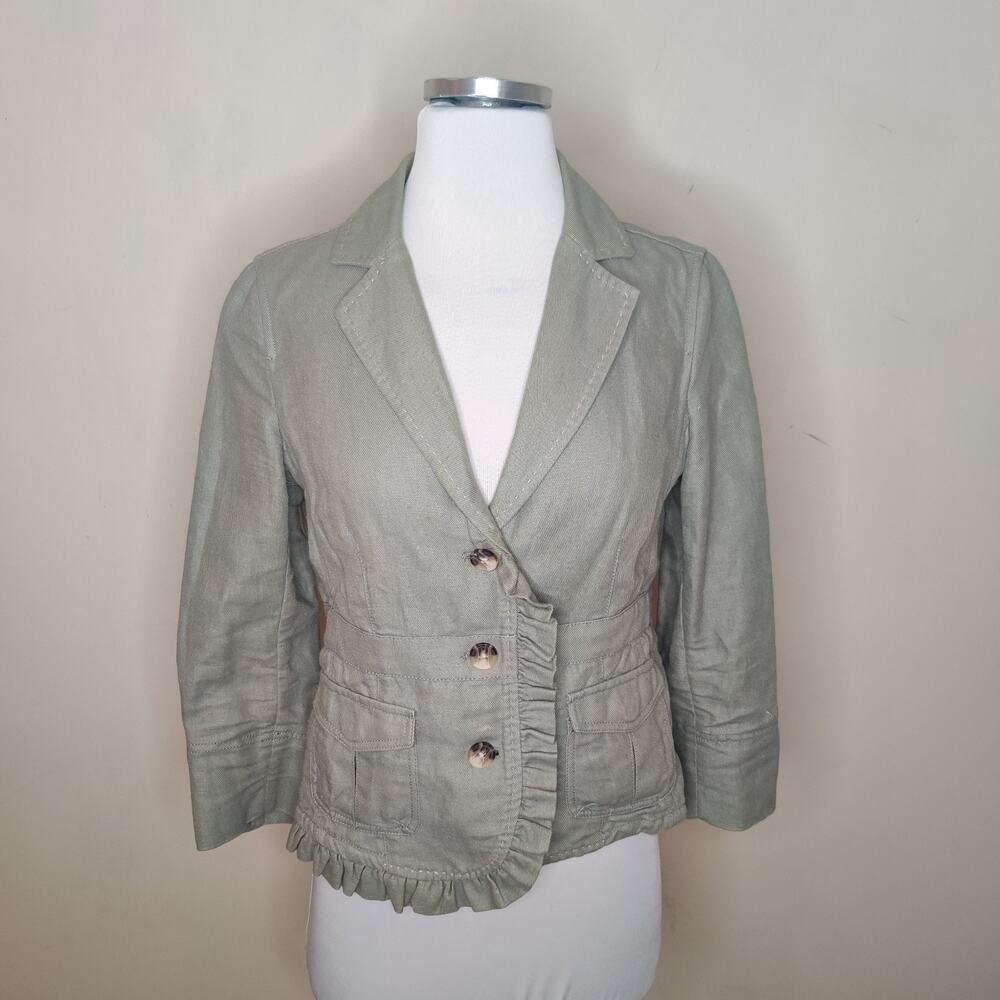 Anthropologie Light Sage Green Ruffled Linen Blazer